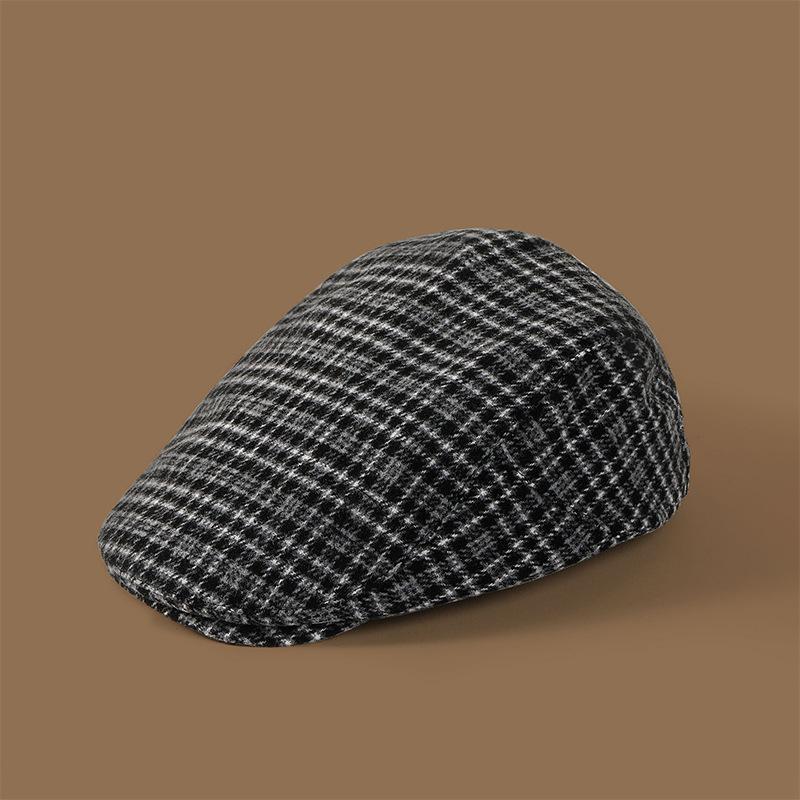 Retro Plaid Progressive Hat Women's Autumn and Winter Versatile British Style Newsboy Painter Hat Backward Wearing Woolen Duck Beret
