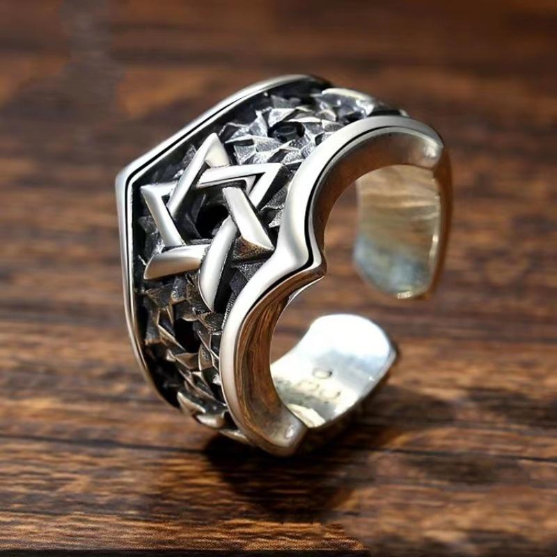 

Hexagram inlaid ring men s jewelry hip hop trend middle finger ring geometric hipster retro resizable