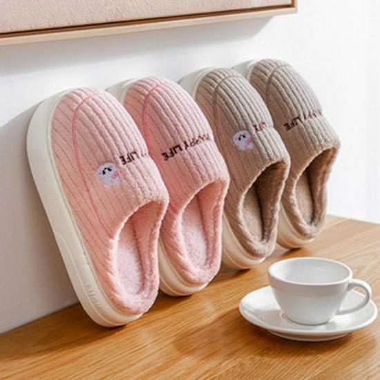 Unisex Non-slip Plush Corduroy Slippers with Bow, Warm Cotton Fleece Lining for Autumn and Winter