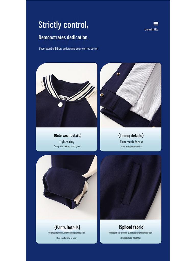 Spring-Autumn Academy-Style Navy Blue Kindergarten & Primary School Baseball Jacket Set