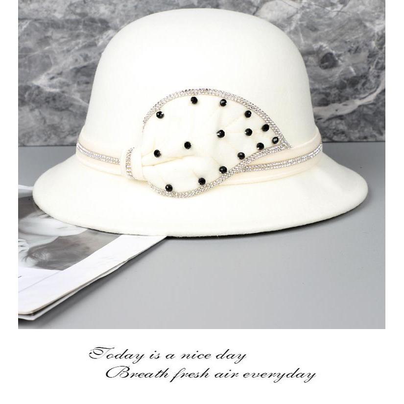 Casual Dome Short Brim Basin Hat Women's Diamond Bucket Hat Autumn and Winter Woolen Top Hat Women's British Style