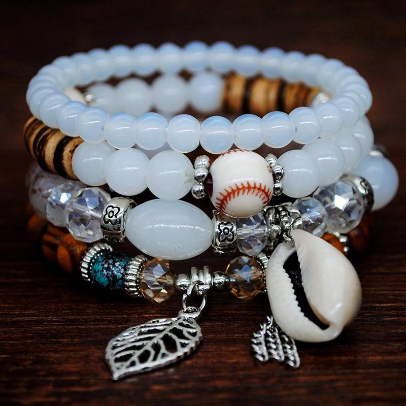 Bohemian Multi-Layer Shell Bracelet, Leaf Pendant, Crystal Resin Bracelet, Personalized Rice Bead Bracelet Generation