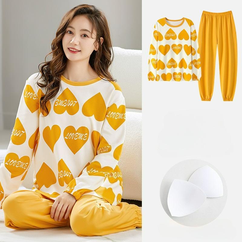 Pajamas with Chest Pads, Women's Autumn and Winter Long-sleeved Cotton, Cute and Casual, Can Be Worn Outside Home Service Suits