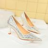 Women's Fashion Banquet High Heels Metal Heels, High Heels Shallow Mouth, Pointed Toe, Shining Shining Sheep Cloth Single Shoes
