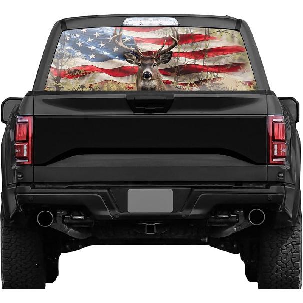 American Flag Truck Rear Window Decals - Deer Perforated Vinyl See-Through Stickers, Gifts For Men, Dad, Boyfriend, Truck Owners, Easy To Tall, UV