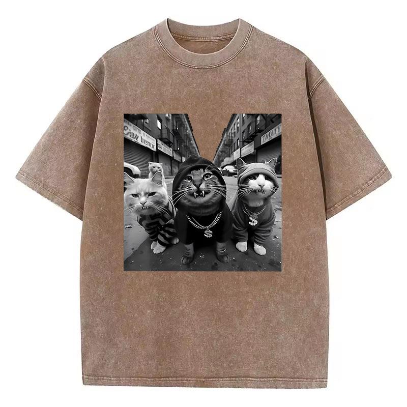 Streetwear Cat Hip Hop T Shirt Vintage Washed Cotton T-Shirt Graphic Tee Casual Streetwear Spring Summer Tee