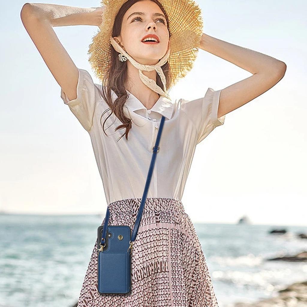 For Samsung Galaxy S25 Case Tri-Fold Card Holder Kickstand TPU + Leather Back Cover with Shoulder Strap