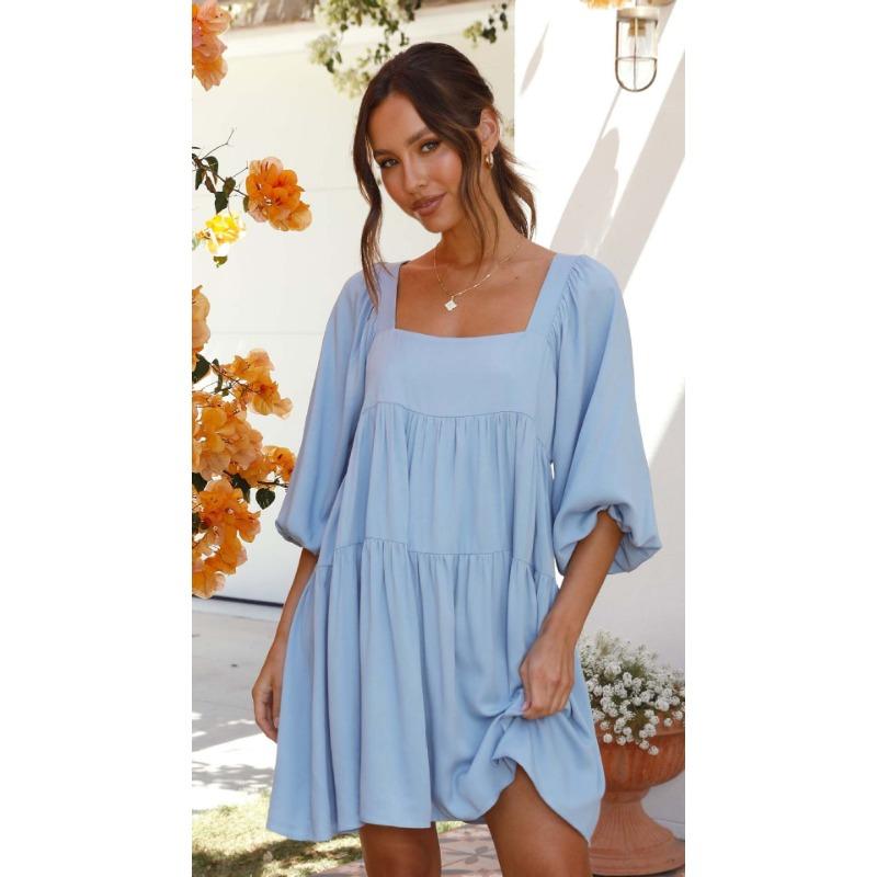 

YYFS Women s Fashion Summer Spring Solid Color Print 3/4 Sleeves Square Collar Loose Waistline Casual Dresses XL небесно-голубой