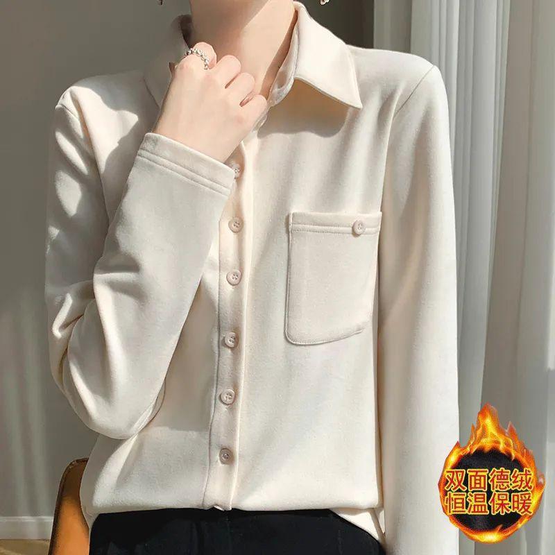 Women's Autumn and Winter Thickened Long-sleeved Shirt Warm Brushed Bottoming Plus Fleece Top