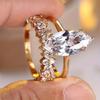 2 Pcs/set Golden Color Marquise Cut White Stone Ring Set Wedding Band Valentine's Day Jewelry