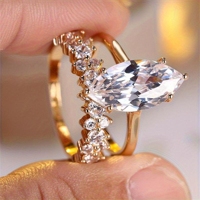 2 Pcs/set Golden Color Marquise Cut White Stone Ring Set Wedding Band Valentine's Day Jewelry