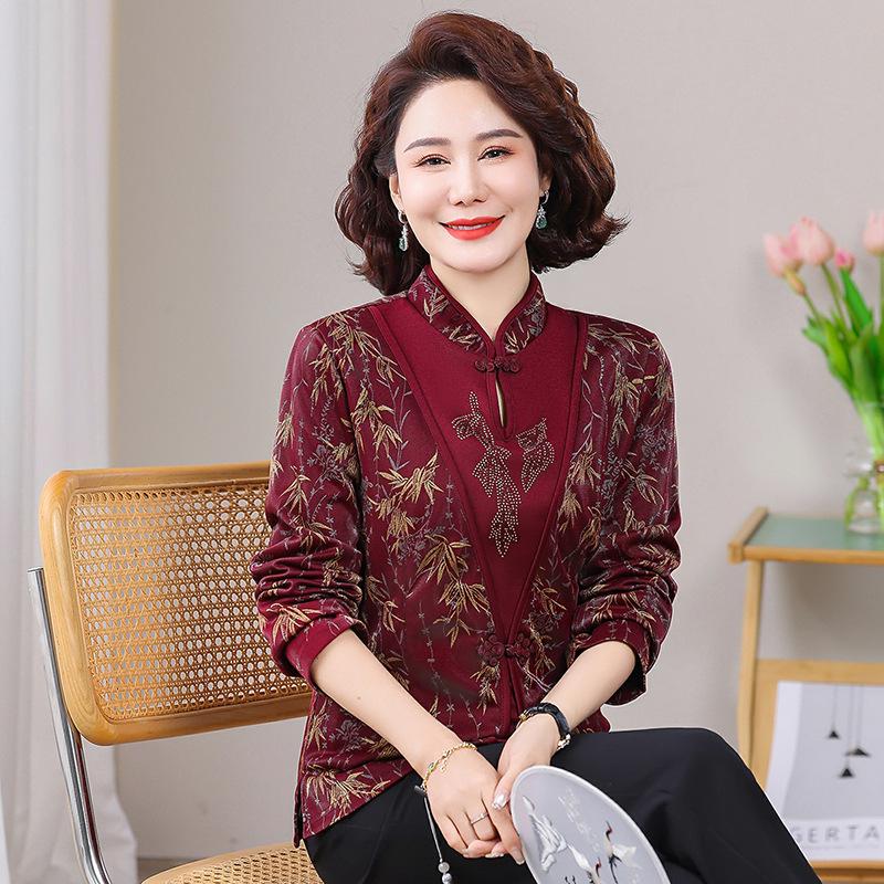 Elegant Long-Sleeve Red Chinese Print Top for Middle-Aged and Elderly Women - New Spring/Autumn Arrival