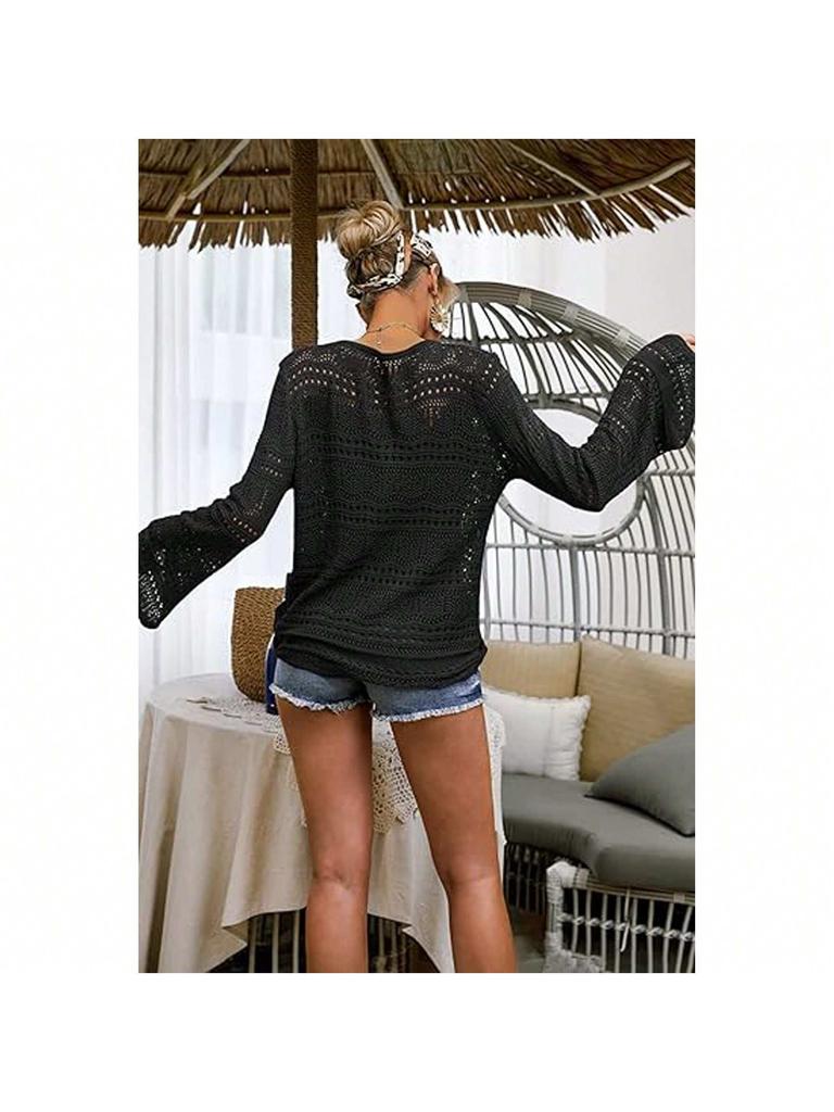 Women's Boho Off Shoulder Crochet Knit Crop Top V Neck Bell Sleeve Ruched Sweater