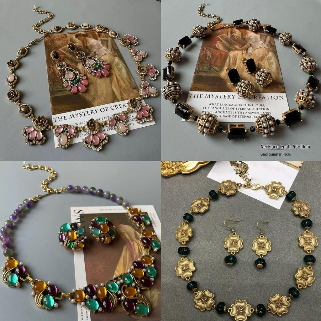 Pre-owned Vintage Retro Diamond-Encrusted Round Necklace & Clavicle Chain Set