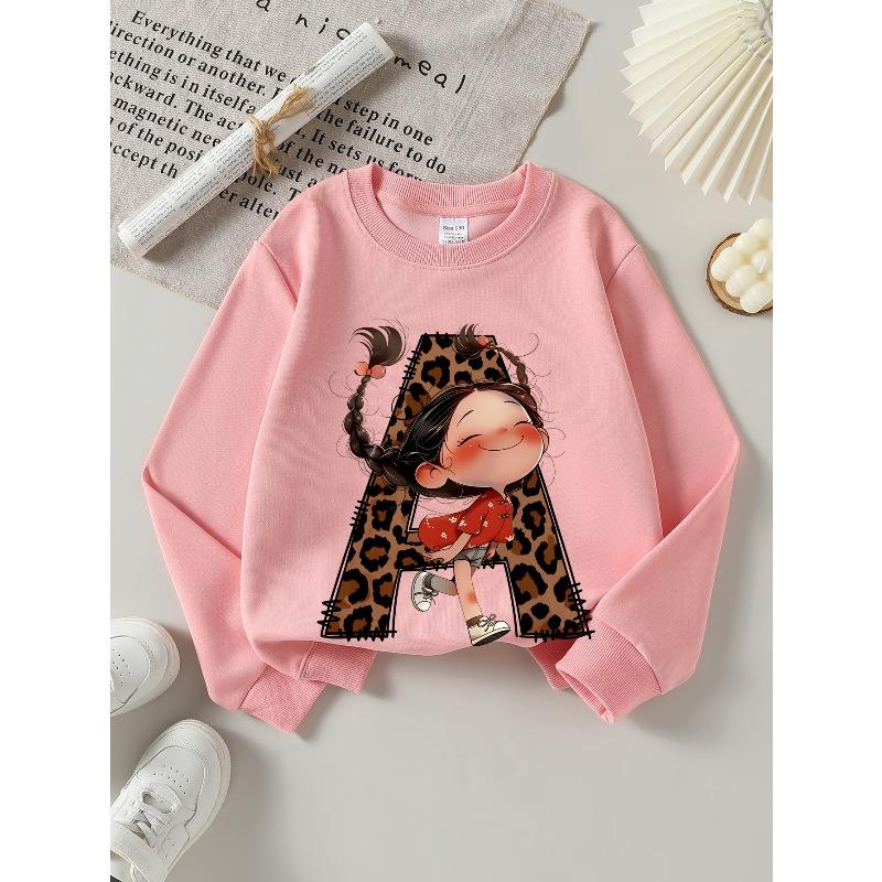 Kids Girls Crewneck Sweatshirt, Leopard Print Letter A With Cute Braided Little Girl Cartoon Print Soft Fleece Pullover