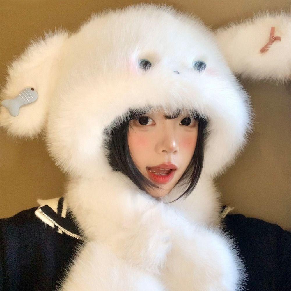 Cartoon Ear Protection Hat Cute Winter Warm Hat Gifts Dog Hooded Scarf  Hiking