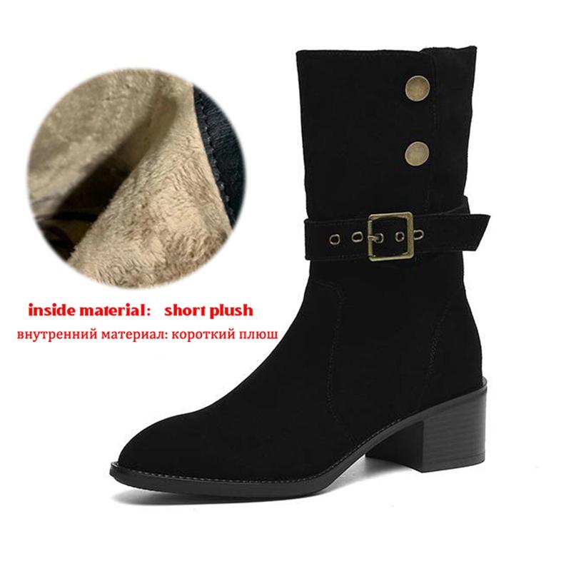 Krazing Pot Cow Suede Nubuck Winter Round Toe Modern Boots Med Heels Slip on Metal Rivets Women Mid-calf Boots