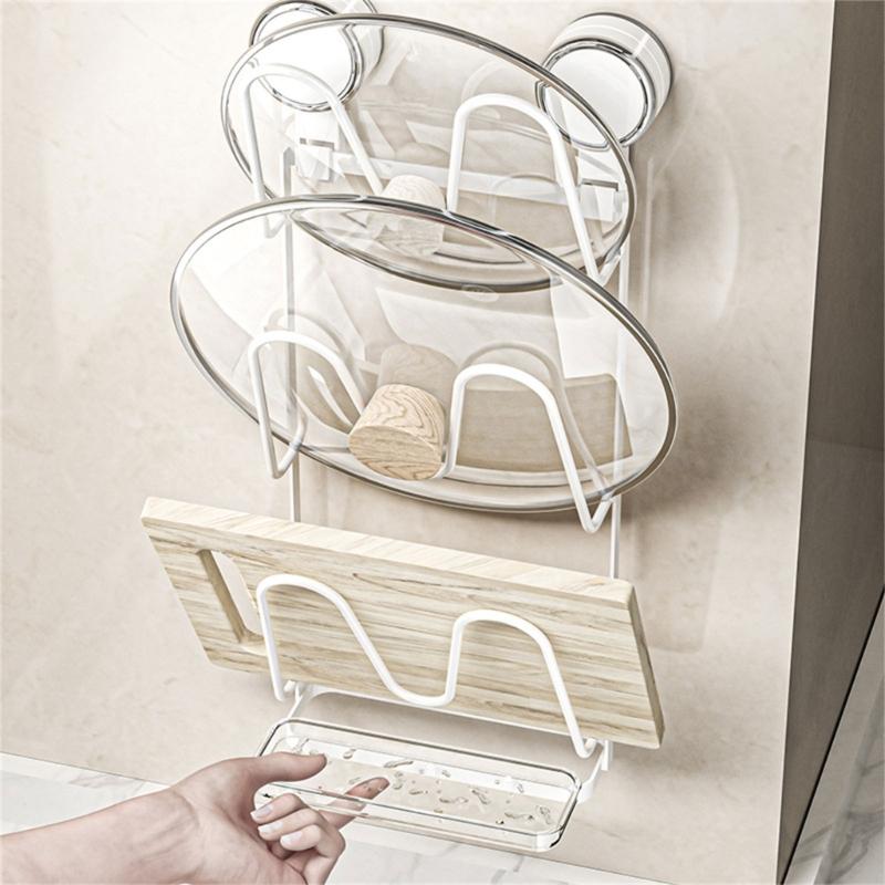 Easy Installation Suction Cup Cookware Lid Rack Wall Mounted Kitchen Storage Rack For Pots Pans Cutting Boards