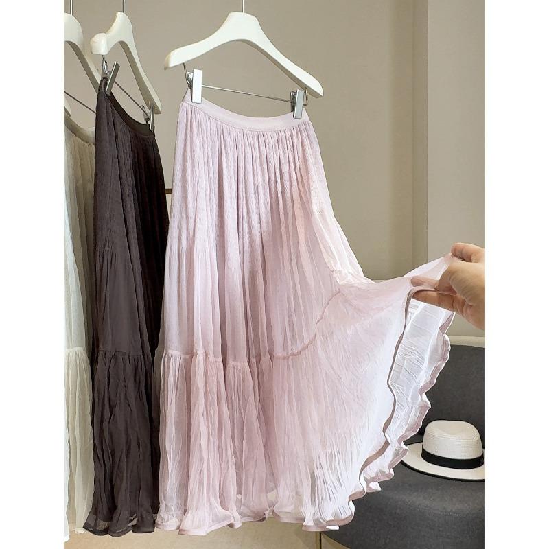 New high-end pleated mesh stitching A-shaped skirt women's autumn elastic waist solid color versatile medium and long fairy skirt