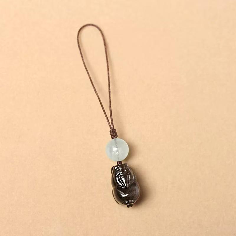 Silver Obsidian & Blue Chalcedony Pi Xiu Lanyard Keychain - Unisex Car & Phone Pendant