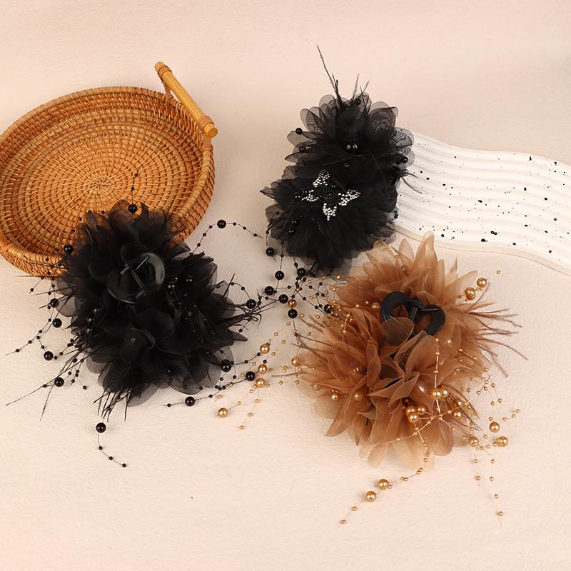 Korean Elegant Peony Flower Hair Claw Fashion Pearl Tassel Hair Clip Shark Clips For Women Girls Temperament Hair Accessories