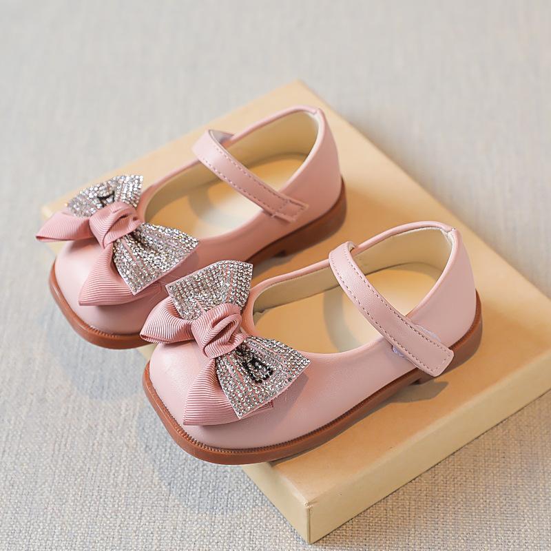 Spring girls' little leather shoes, princess shoes for baby girls, children's single shoes with bows and black rhinestones
