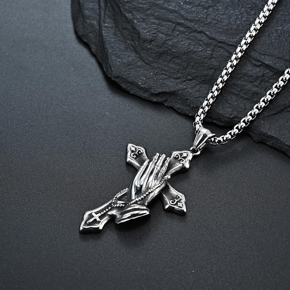 Vintage Praying Hands Cross Pendant Necklace Hip-hop Stainless Steel Chain Neck Accessories Hip Hop Rock Jewelry Gifts