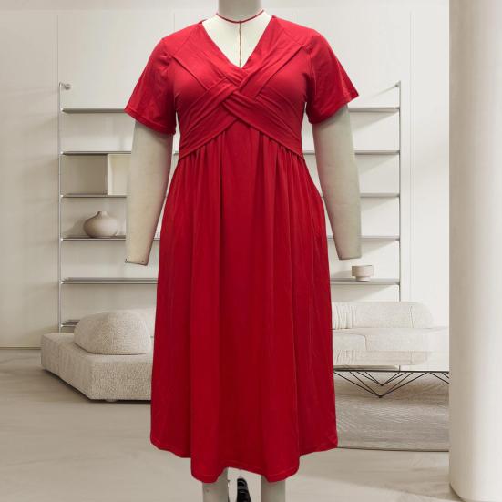 Robe Mi-longue Décontractée d'Été pour Femme Robe évasée à manches courtes et col en V avec torsade sur le devant Robe longue fluide ligne A pour vacances à la plage