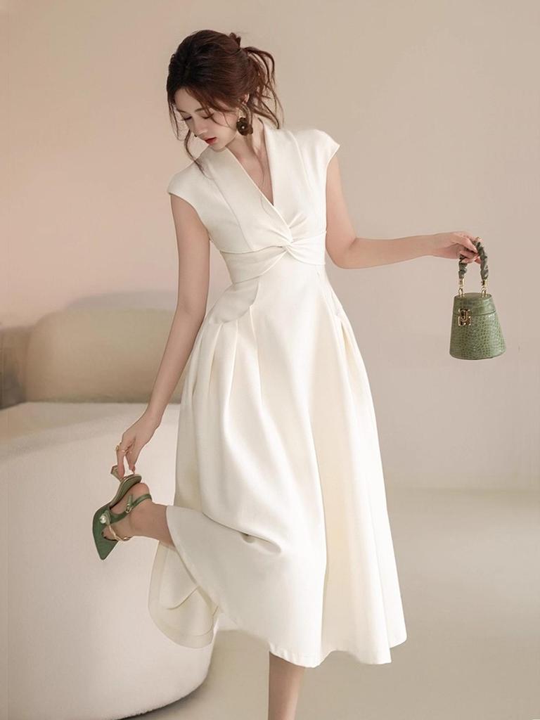 Robe d'été française élégante sans manches - Jupe midi à nœud torsadé avec design sexy