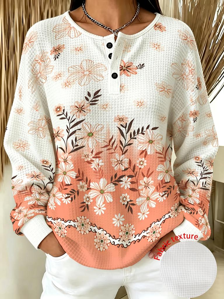 Fashion gradient striped waffle button hoodie