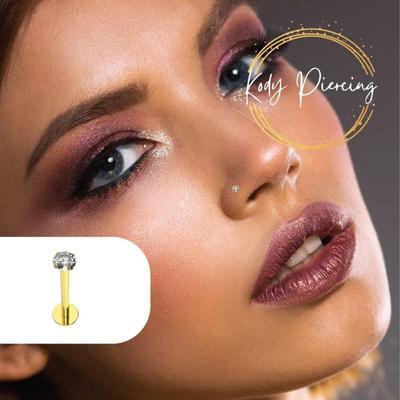 KODY PIERCING 9K Hollow Gold Lip Piercing With CZ Zircon Round 2.0mm Set - Length 8.0mm
