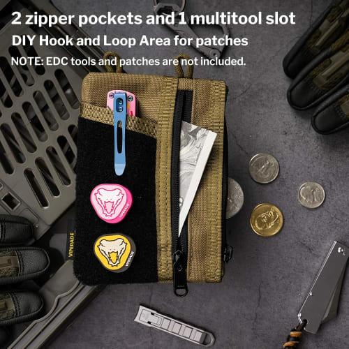 VIPERADE VE18 EDC Pouch for Men, Pocket Organizer with 3 Slots, 2 Zipper Pockets, Velcro Closure, and Multi-Tool Pouch (Tan)