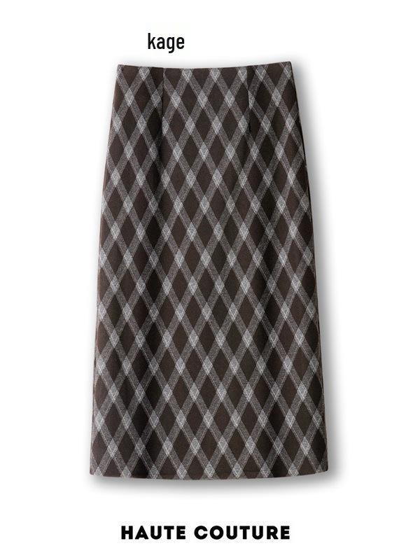 Women's Fashionable Retro Plaid Skirt - Autumn 2025 Style, Petite High Waist, Hip-Hugging Brown Slit Design