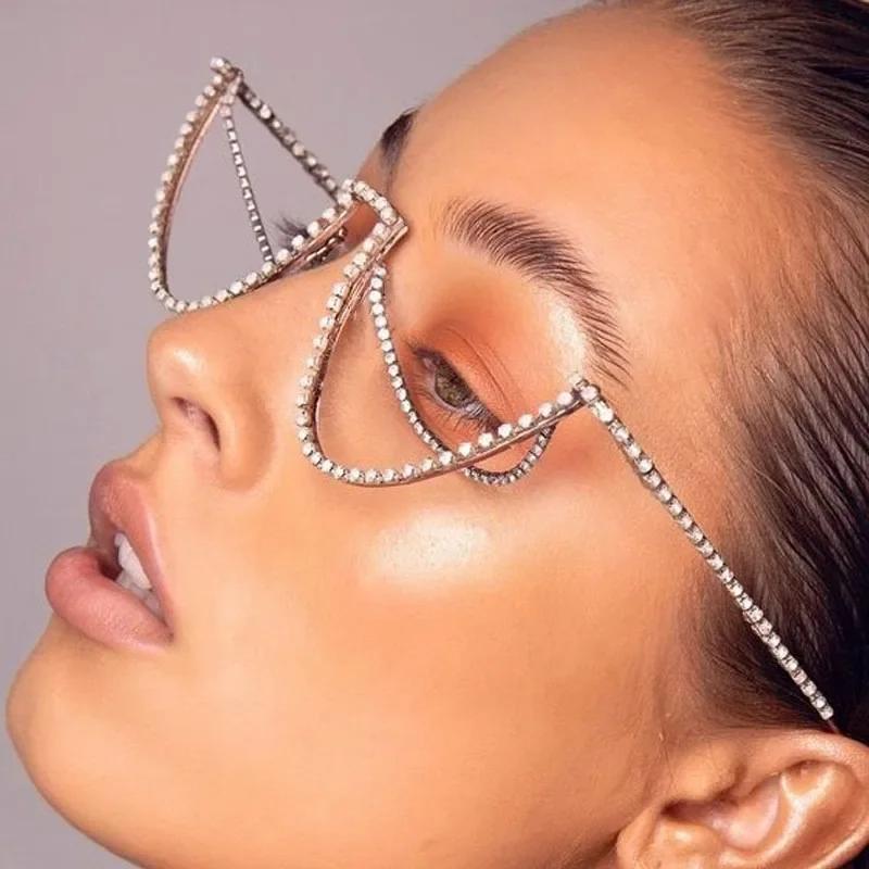 Fashion Crystal Glasses Frames Diamond Decoration No Lens Half Metal Glasses Frame Woman Luxury Eyewear