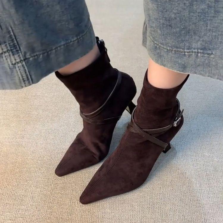 

Women s Frosted Leather Buckle Pointed Toe Stiletto Heel Boots - Back Zip, High Heel, Elastic Retro Short Tube Default Item