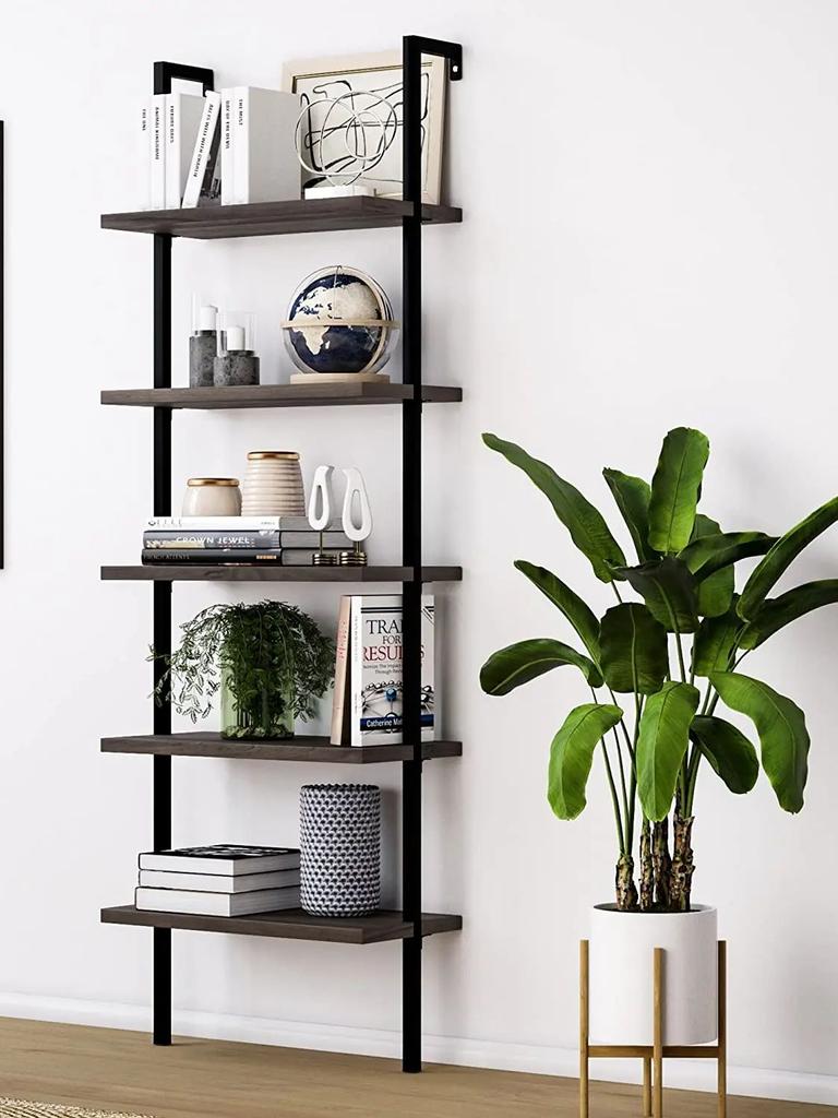 5-Shelf Wood Ladder Bookcase With Metal Frame, Industrial 5-Tier Modern Ladder Shelf Wood Shelves,Dark Walnut