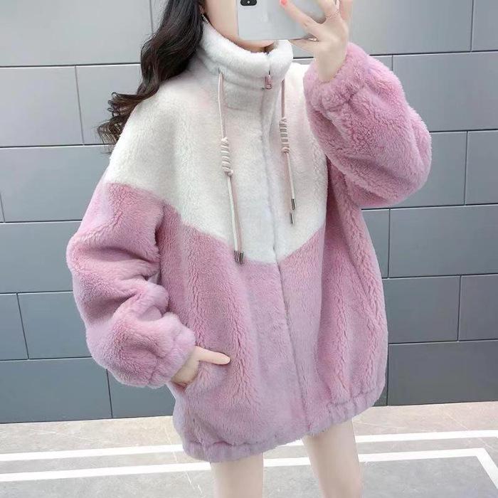 

New Winter Versatile Loose Fit Women s Lambswool Plush Hoodie 2XL розовый