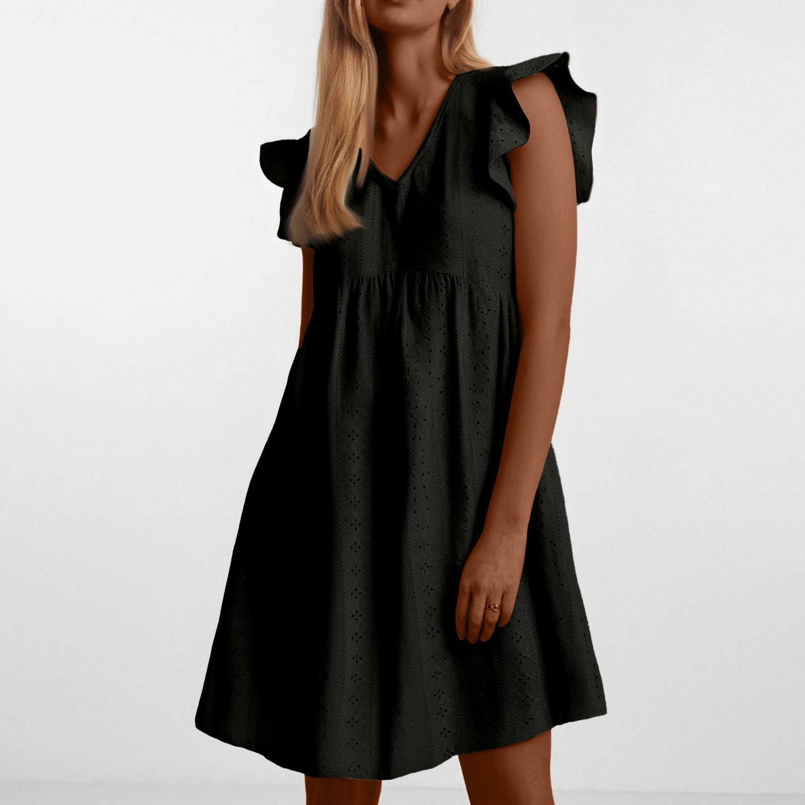 

Женское повседневное свободное и модное ажурное однотонное платье с короткими рукавами и V-образным вырезом L чёрный