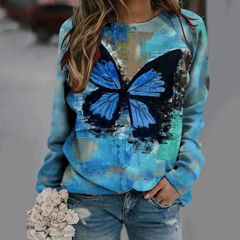 Tricouri pentru femei cu imprimeu cu pisici cu anime Pulover stil vintage din bumbac cu decolteu O Y2k cu mânecă lungă Îmbrăcăminte de damă Pulover de stradă supradimensionat