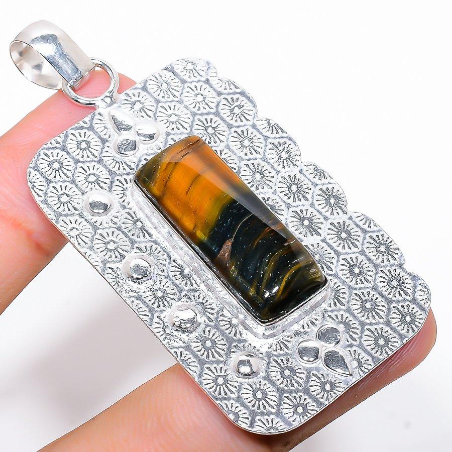Tiger Eye Gemstone Handmade 925 Sterling Silver Jewelry Pendant 2.64"