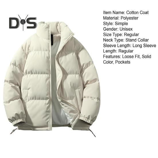 Women Men Cotton Coat Stand Collar Long Sleeve Drawstring Hem Puffer Jacket with Pockets Loose Fit Warm Winter Outerwear