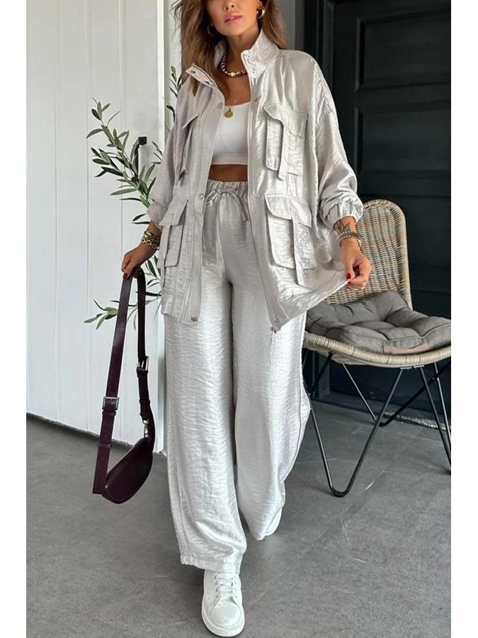 

Европейский и американский женский модный костюм-двойка: Брюки прямого кроя и куртка с длинным рукавом и 3D карманами 3035. XL серебряный