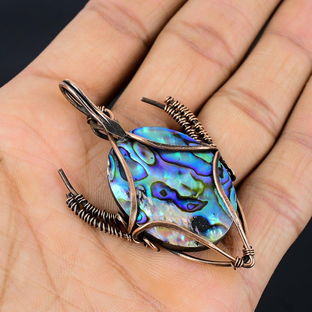 Abalone Shell 999 Copper Wire Wrapped Pendant, Handmade Gemstone Bull Face Pendant Jewelry, Gifts For Wife Brand New Pendant