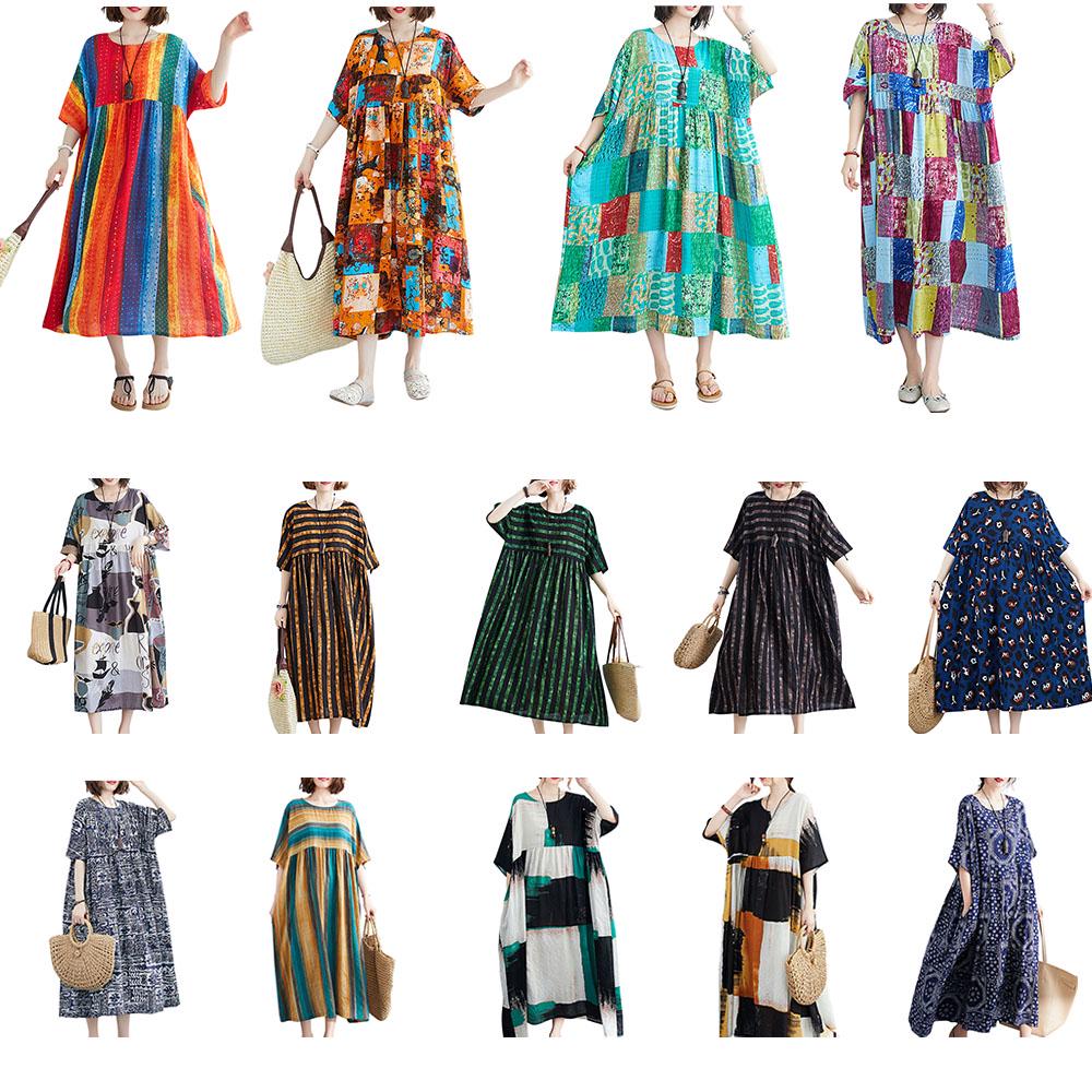 Vintage Women Cotton Linen Dress Print Spliced Striped O Neck Short Sleeve Pocket Loose Dress
