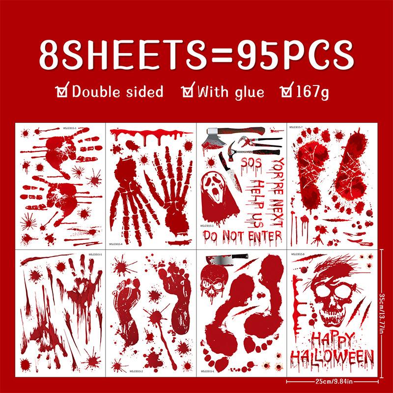 

Новый Хэллоуин Кровавые отпечатки рук отпечатки ног Череп Стеклянная витрина Двусторонний A