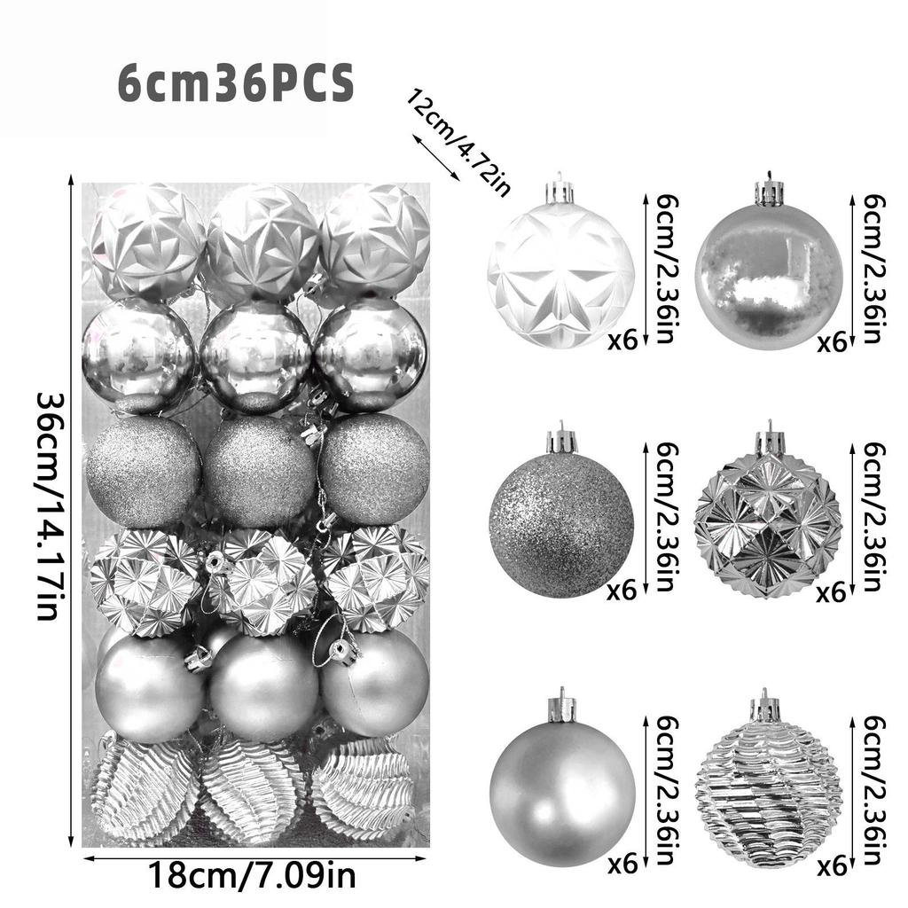 36-Piece Christmas Tree Ornament Set - 6cm Glitter & Painted Irregular Shape Balls