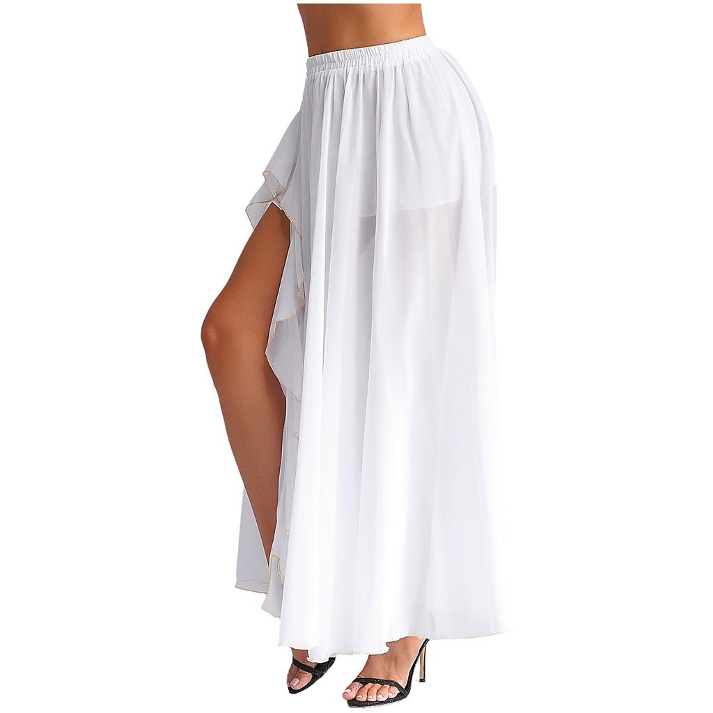 Gonna Chiffon Danza del Ventre da Donna Vita Elastica Volant a Cascata Spacco Laterale Costume da Ballo Svasato