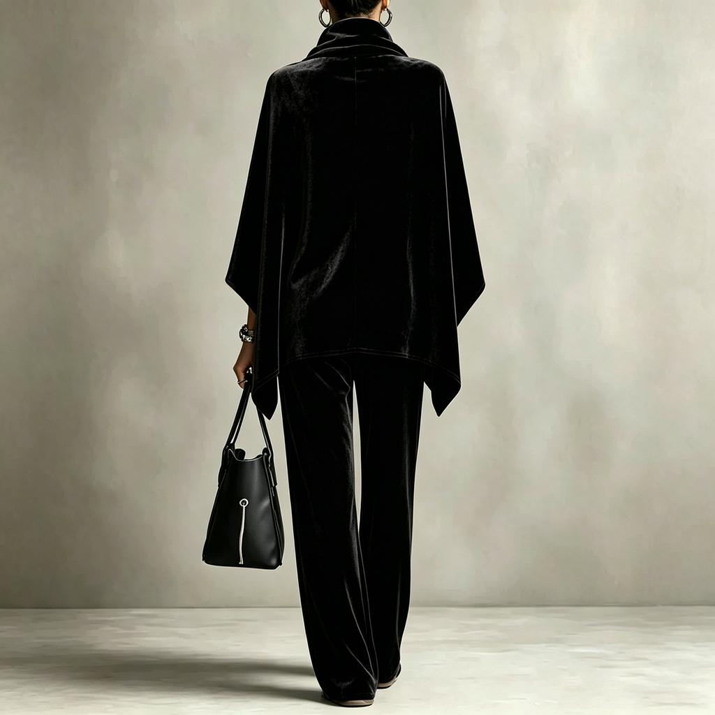 Women's Two Piece Outfit with Cowl Neck Cape Top and Wide Leg Pants, Soft Set for Fall Winter