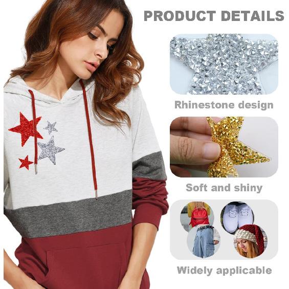 27 Pieces Rhinestone Star Patches for DIY, 4 Sizes Iron On Adhesive Glitter Star Appliques for Clothing Repair and Decoration (Gold, Silver, Red,