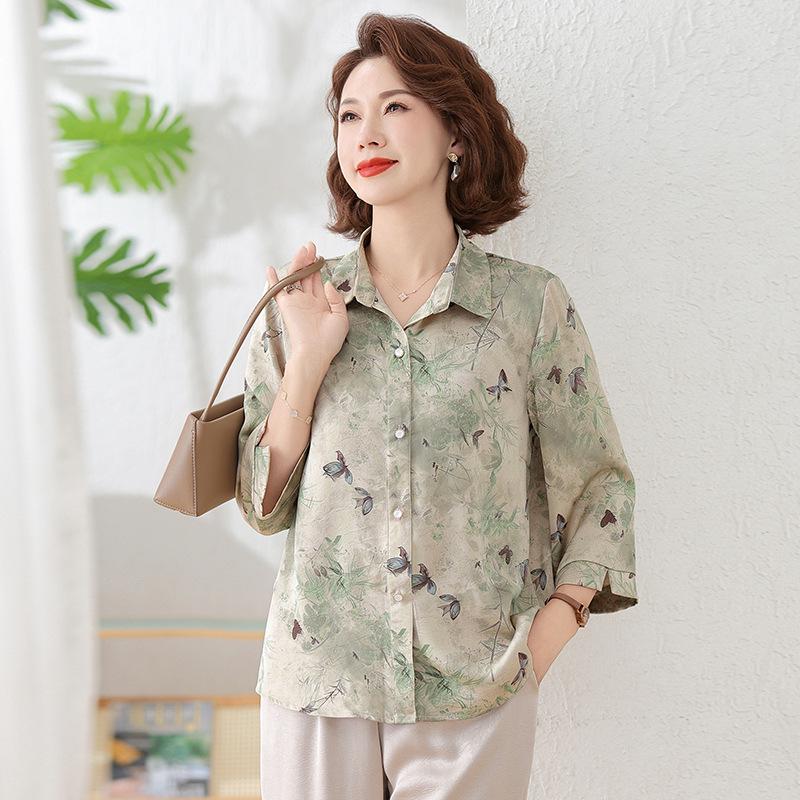 

2026 Chic Printed Shirt for Moms: Loose, Nine-Point Sleeve, Spring/Autumn Fashion for Middle-Aged and Elderly Women XL (recommended 90-105 jin)
